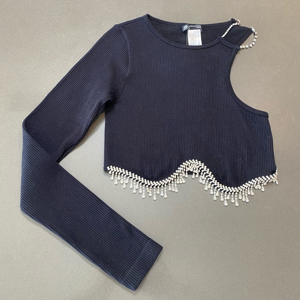 Zara Black Ribbed Crop Top One Shoulder Sequined NWT Sz XS